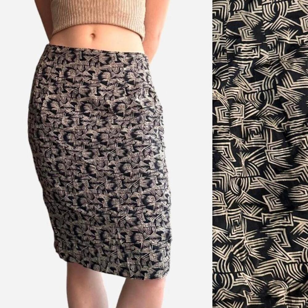 Ann Taylor vintage silk midi pencil skirt navy/black with tan tribal print: 27"W